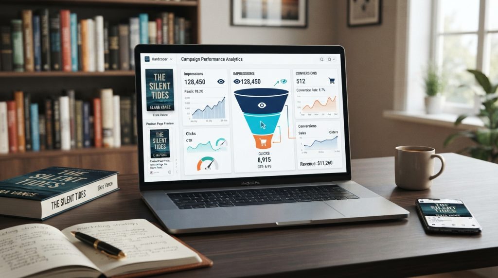 Dashboard tracking impressions clicks conversions in book marketing services