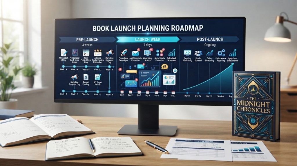 Book launch roadmap covering pre-launch launch week and post-launch phases well