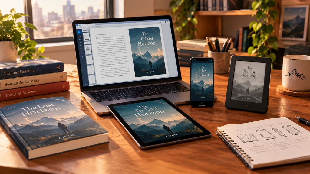 Creative desk with book formats in print, tablet, phone, e-reader, and a laptop.