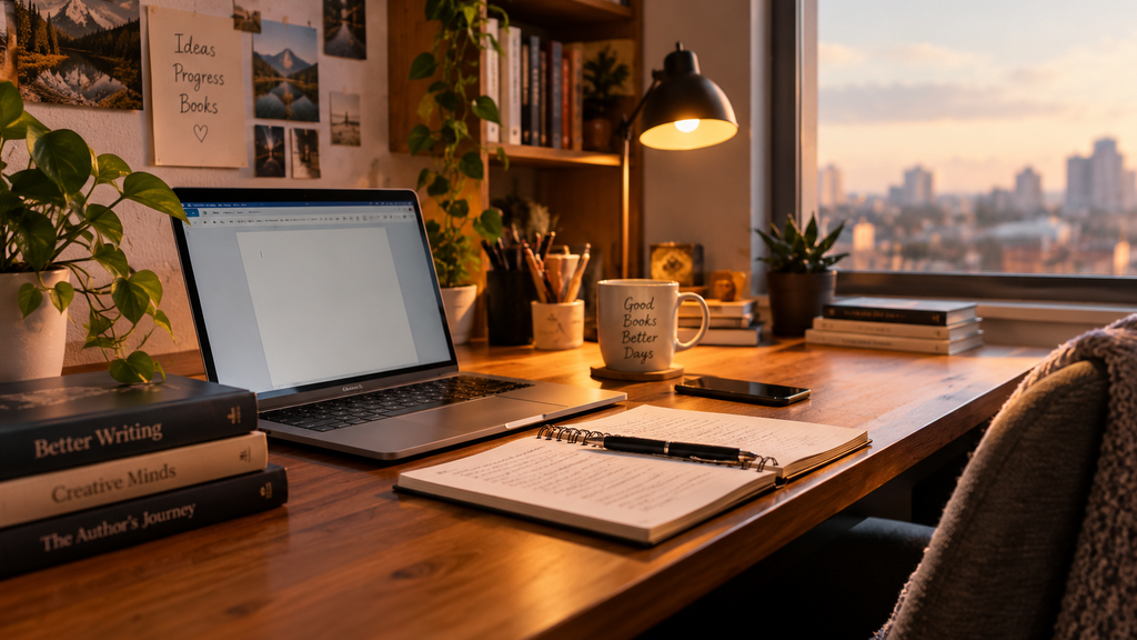 Cozy writer's desk with laptop, notebook, books, plants, lamp, and city skyline.