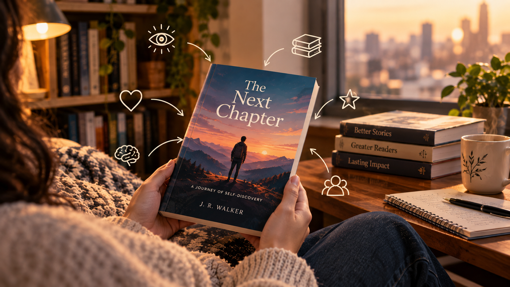 Reader holding a colorful book in cozy nook with books, lamp, and plants nearby.