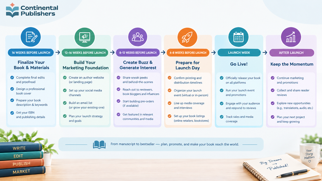 Book launch timeline checklist from 16 weeks before launch to after launch